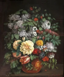 Vase mit Flieder, Rosen und Tulpen